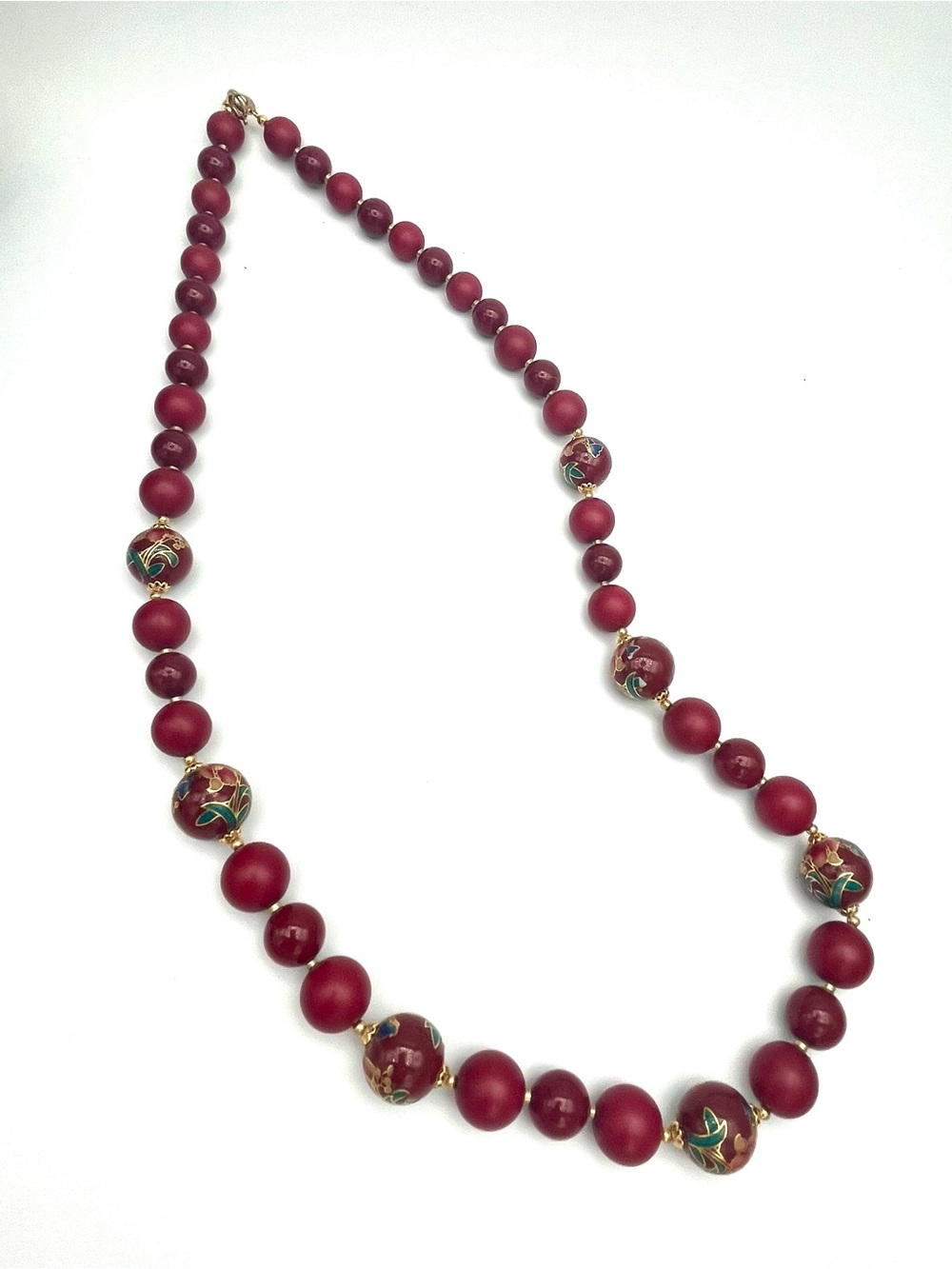 Vintage Red Cloisonné Gold Painted Tensha Bead Necklace, Japan 28”